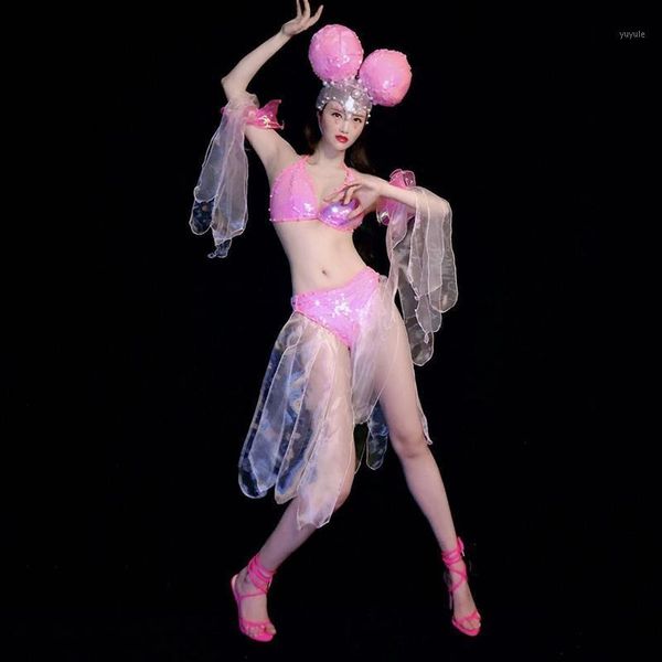 

stage costumes dj singer dance team nightclub performance outfit pink sequin bikini set women pole dancing wear dn6071-21, Black;red