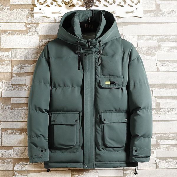 

winter warm men jacket casual fur hooded thick hat men's coat multi pocket parka male thick cotton windbreaker solid green black