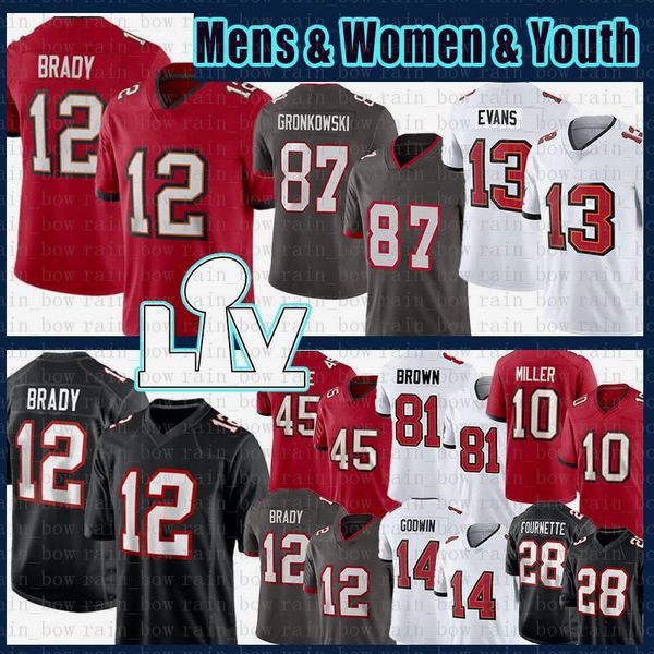 

2022 football jerseys youth womens mens 12 tom brady 14 chris godwin 87 rob gronkowski 45 devin white 13 mike evans, Black;red