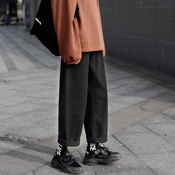 

retro wide-leg jeans men's fashion solid color casual straight-leg straight-leg pants men's street clothing hip-hop denim trouse, Blue