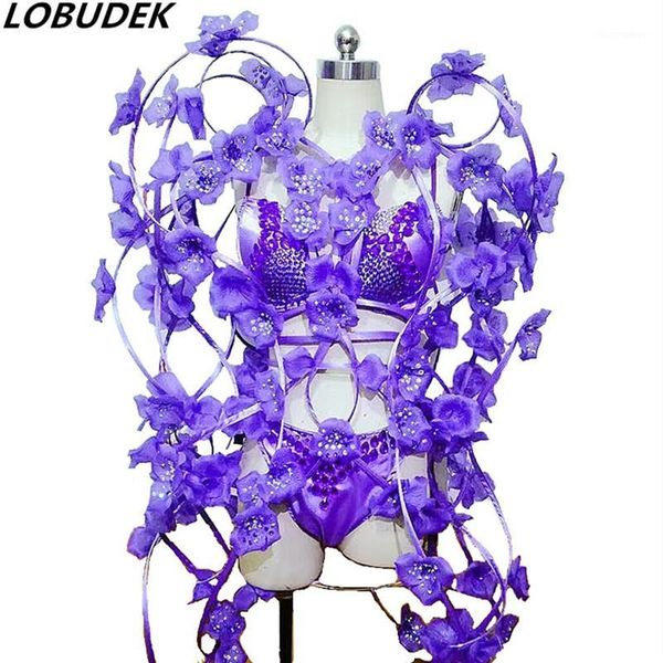 

purple crystals bikini petal dress female party fashion show stage outfit nightclub dj singer performance costume dance clothing1, Black;red