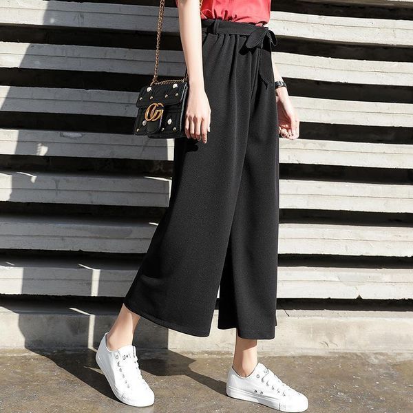 

women tie wide leg pants solid color pantalones female high waist thin chiffon plus size casual ladies culottes trousers, Black;white