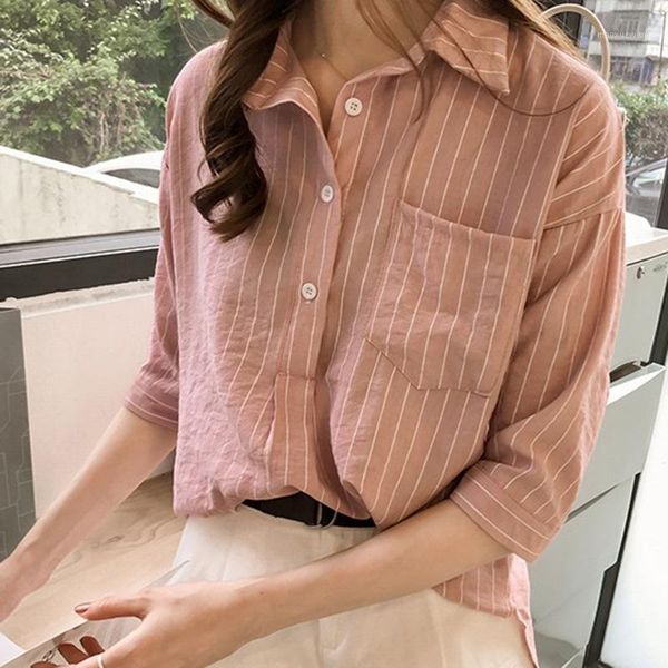 

ladies clothes blusas mujer de moda women and blouses striped shirt turn-down collar three quarter sleeve blouse1, White