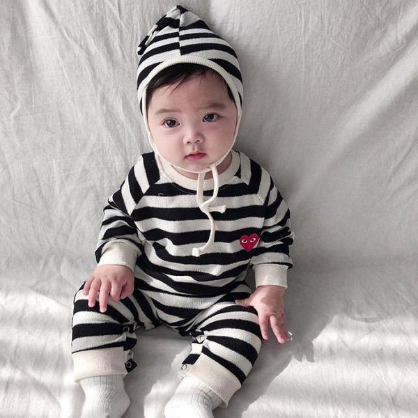 

new autumn long sleeve baby clothes boys rompers and hat fashion girls striped jumpsuit cotton soft infant outerwear 201029, Blue