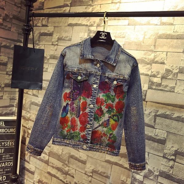 

new spring autumn all-match long sleeve denim jackets for women turn down collar gold printing casual students denim jacket coat, Black;brown