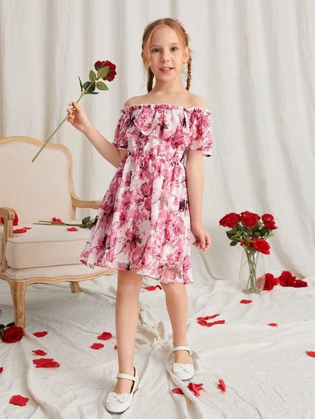 

girls floral print off shoulder dress she, Red;yellow