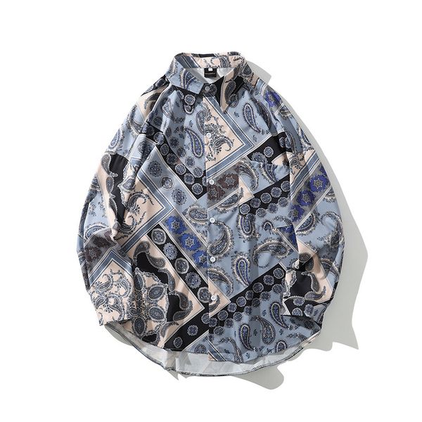 

2021 new vintage paisley style printed long hawaiian sleeve fashion streetwear shirts fine men's fit male smym, White;black