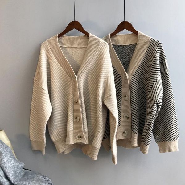 

women's knits & tees 2021 women autumn spring v-neck knitted striped sweater coat cardigans long sleeve poncho sweaters pull femme, White