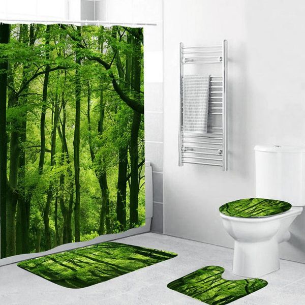 

4pcs bathroom non-slip pedestal rug + lid toilet cover + bath mat+waterproof shower curtain with 12 hooks 2019 g7021