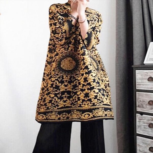 

lanmrem] 2020 autumn and winter new products fashion high collar retro print temperament long sleeve dress female pa597, Black;gray