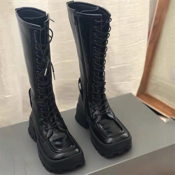 

boots women's black knee high square toe lace up knight casual shoes b283