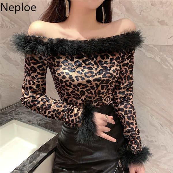 

neploe leopard off shoulder faux fur women blouses fashion slash neck full sleeve shirt female slim female short 803811, White