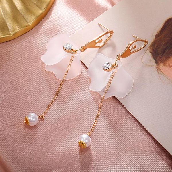 

han edition small and pure and fresh flowers stud earrings earrings personality contracted long chain pearl, Silver
