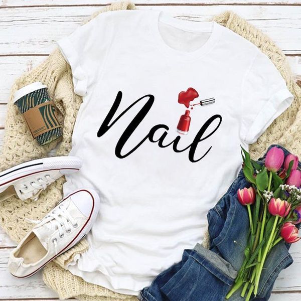 

женщины графики составляют 90-х годов с коротким рукавом пальца ногтей печать летняя футболка топы леди женская одежда одежда футболка женск, White