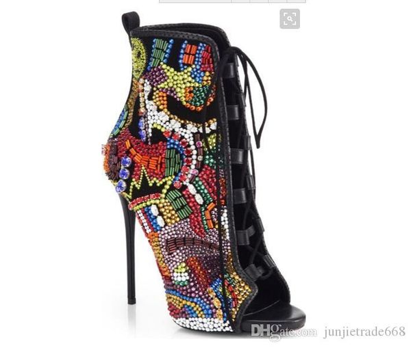 

color diamond luxury high open toe straps sandals show field models show fashion boutique women's magazine street shooting, Black