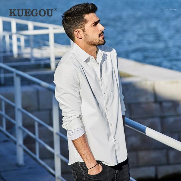 

kuegou 2020 spring cotton pocket plain white shirt men dress button casual slim fit long sleeve male casual brand clothes 68381, White;black