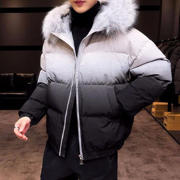 

winter casual parka men coat with big fur collar gradient color outwear waterproof thicken warm gradual hooded outwear jacket, Black