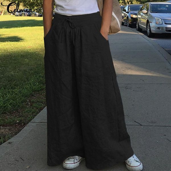 

2020 celmia women casual loose wide leg pant ladies fashion trousers female palazzo high waist pants vintage pantalon plus size1, Black;white