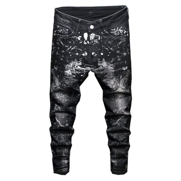 

men's black print jeans fashion slim denim pants mid waist trousers, Blue