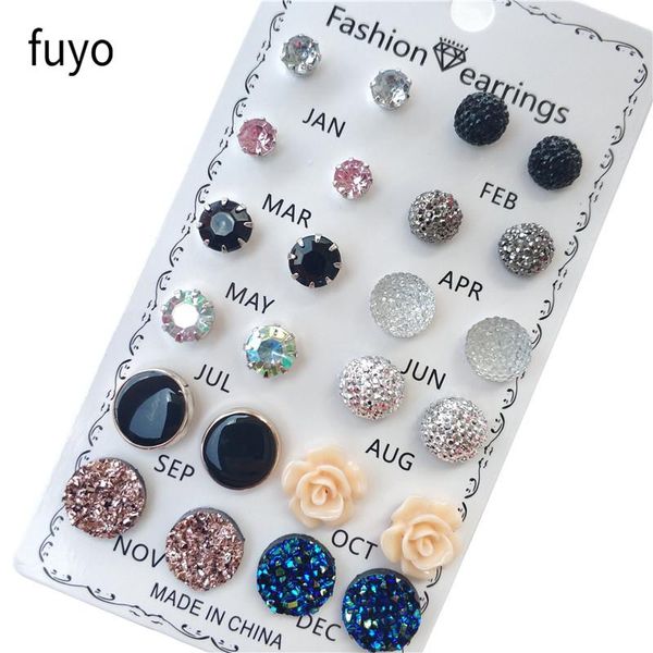 

stud fashion women 12pair/set flower imitation pearls alloy ear earrings cute crystal wedding jewelry gifts for girl korean, Golden;silver