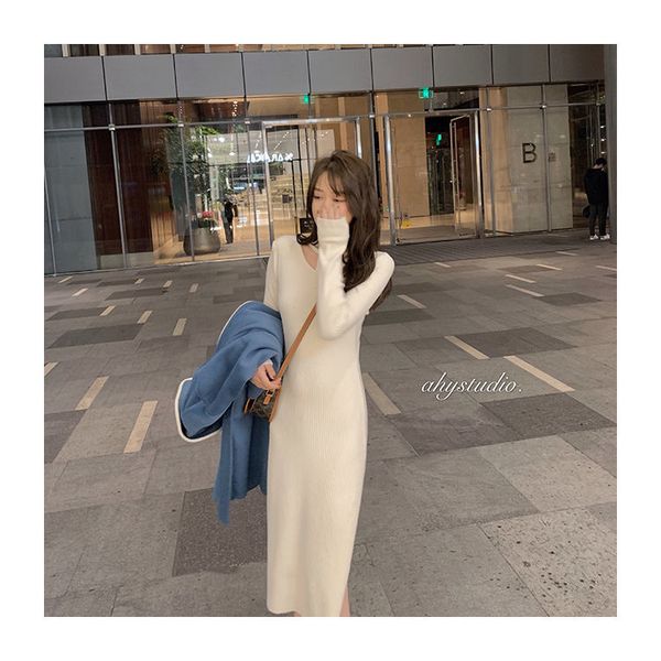 

2021 new knitted women long sleeve slim elegant party sweater female autumn winter v-neck maxi one-piece dress korean g295, Black;gray
