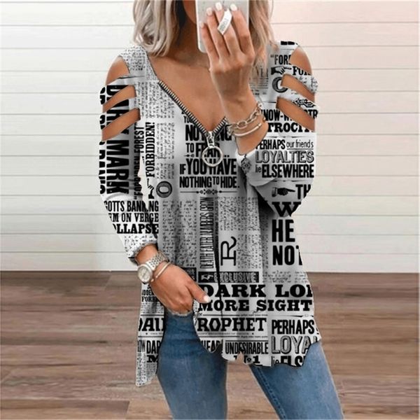 

fashion spaper print t-shirt women's clothing autumn street casual tee shirt ladie zipper vneck oversized tunic 220304, White