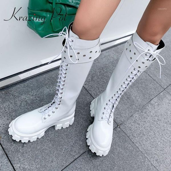 

krazing pot natural leather round toe high heel motorcycle boots cross-tied buckle classic colors handsome knee-high boots l231, Black
