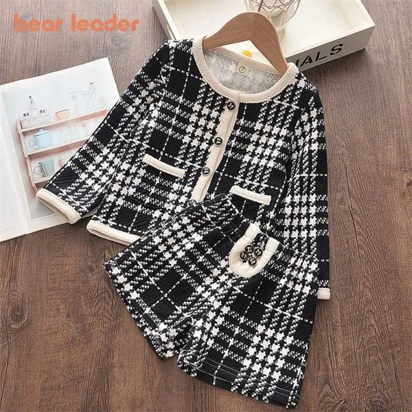 Bear líder meninas vestuário conjunto marca roupas roupas de manga longa xadrez kids top + calça 2pcs elegante roupa de crianças 220117