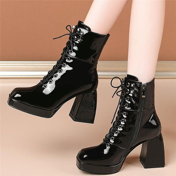 

lace up winter creepers women genuine leather chunky high heels motorcycle boots female high square toe platform pumps shoes, Black