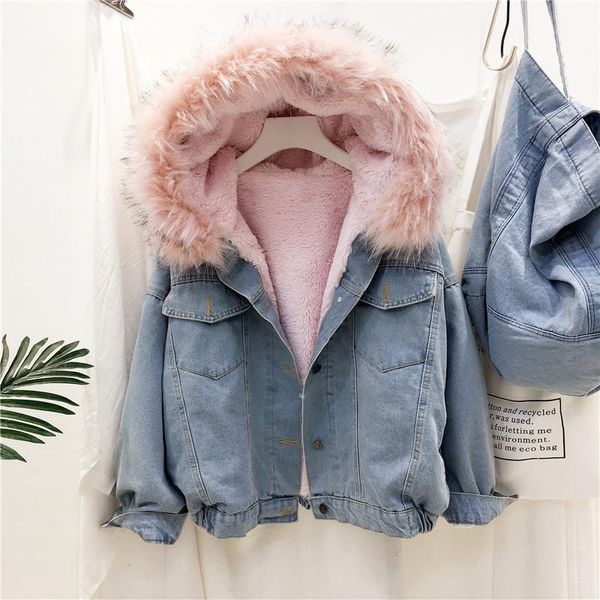

fur trim hood cotton liner velvet thick denim jackets women winter hardy warm denim coats jackets female loose outerwear female1, Black;brown
