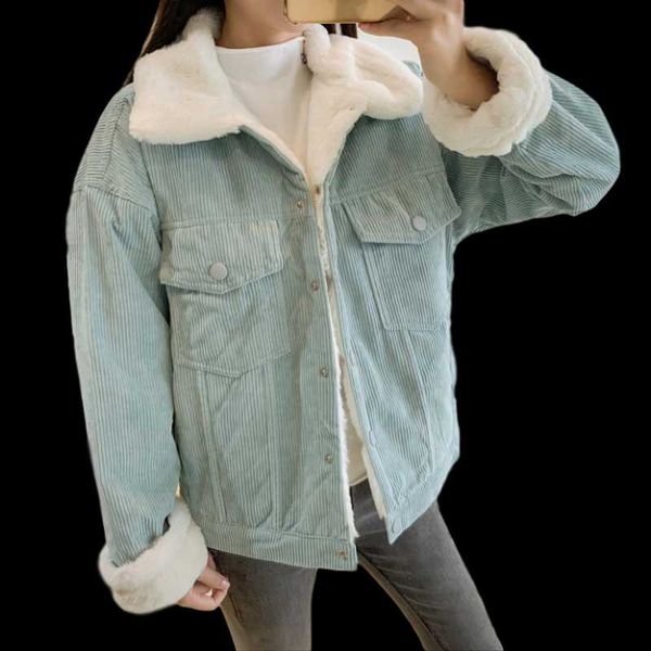 

women's down & parkas corduroy short jacket 2021 winter with button casual warm ladies clothing collage style coat women elegant, Black