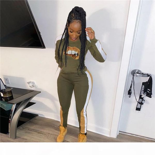 

womens big lips sequins 2pcs set winter spring designer panellend tracksuits fashion casual slim female sports apparel, Gray