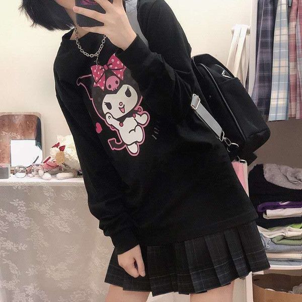 

autumn new style japanese sweet loose dark cartoon kuromi print long sleeve crew neck kuromi hoodie women 201201, Black