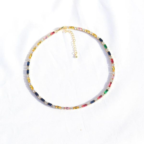 

chains rainbow zircon tennis necklaces for women girls gold choker fashion layer necklace colorful cz jewelry, Silver
