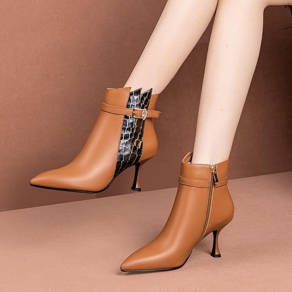 

boots mljuese 2021 women ankle cow leather winter short plush buckle strap pointed toe thin heel high heels female, Black