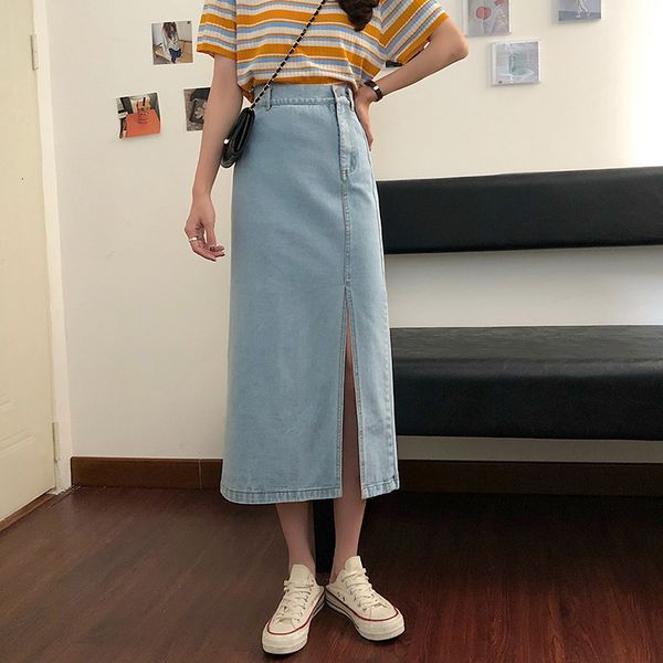 

2021 new summer solid color lazy in temperament style all-match simple casual korean fashion denim splitting skirt rdp0, Black
