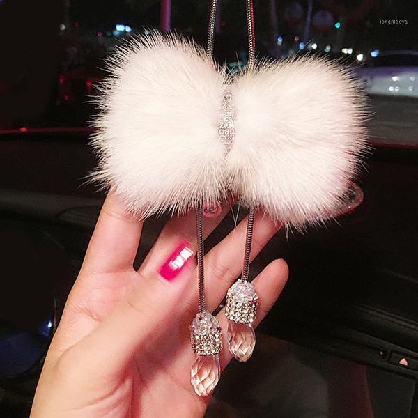 

diamond car rearview mirror hanging crystal real bowknot charm dangling pendant plush ornaments auto decoration1