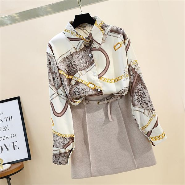 

spring autumn womens turn down collar shirt snake shirt retro fashion slim print female long sleeve gd439, White