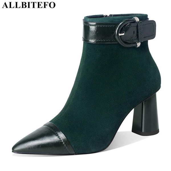 

allbitefo size 34-41 buckle design natural sheepskin genuine leather women boots winter shoes fashion women heels ankle boots, Black