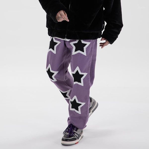 

embroidery stars frayed jeans pants men and women streetwear washed retro casual denim trousers hip hop casual baggy pants1, Blue