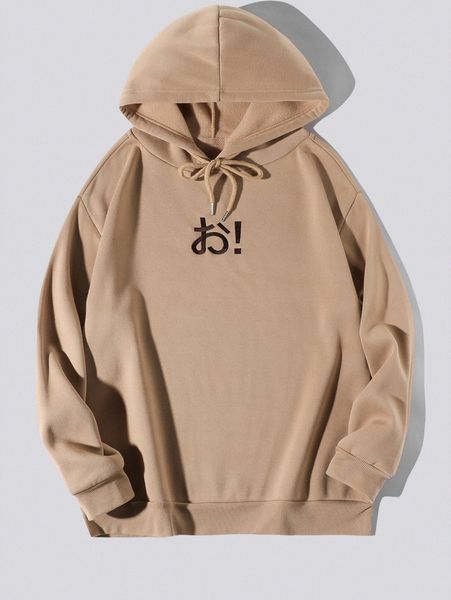 

men japanese letter embroidery drawstring thermal lined hoodie i41p#, Black