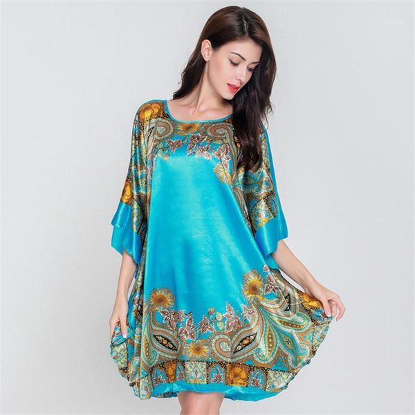 

plus size blue home dress chinese women robe floral nightdress rayon sleepwear loose print negligee short kaftan1, Black;red