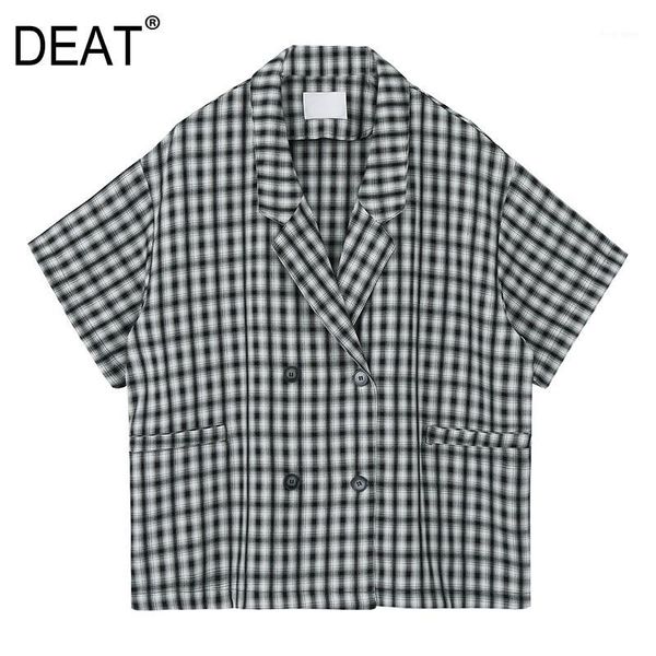 

[deat] women plaid double breasted oversized blazer new lapel long sleeve loose fit jacket fashion spring autumn 2020 13r4461, White;black