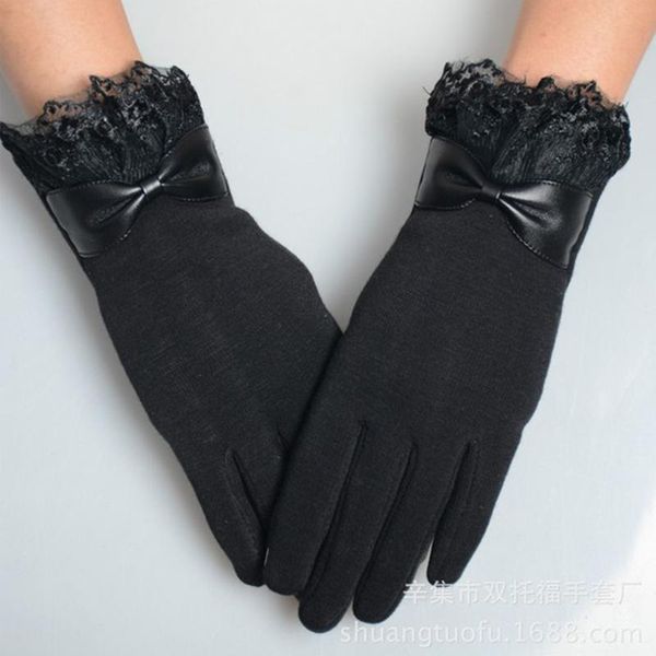 

five fingers gloves lace bowknot winter women non-fleece touch screen comfortable warm motorcycle riding cycling guantes mujer, Blue;gray