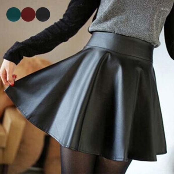 

skirts 2021 women high waist pu leather skater mini skirt solid color short pleated bfj551, Black