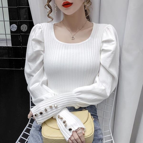 

popular sweet multi-color pullover round neck fancy sleeves slim bottoming sweater female's new korean style basic clothing, White;black