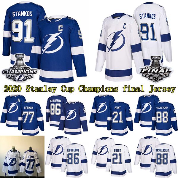 

stanley cup champions final tampa bay lightning 91 steven stamkos 77 victor hedman 86 nikita kucherov 21 point 88 vasilevskiy hockey jerseys, Black;red