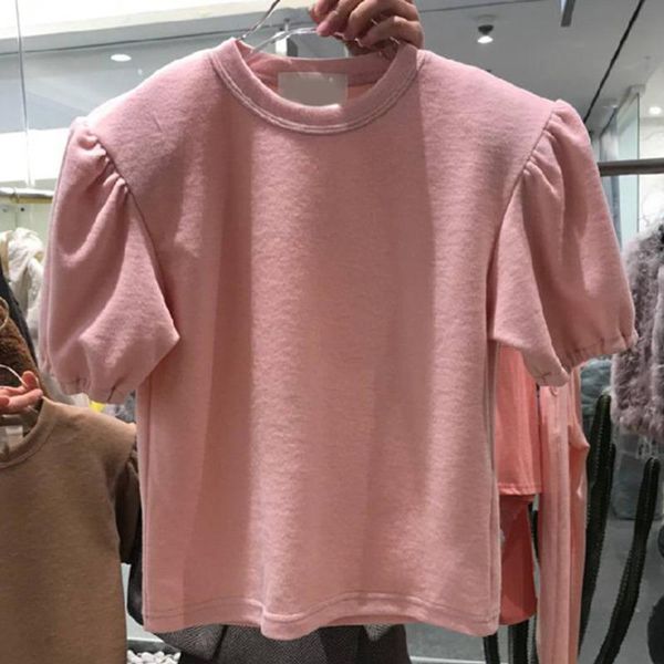 

ewq] 2021 spring jumper female thin casual round neck long puff sleeve solid color minimalist empire short t-shirt 8y170, White