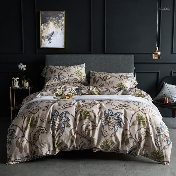 

60s egyptian cotton bedding set tropical leaves flowers duvet cover set silky soft  king bed sheet quilt cover pillowcases1