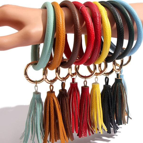 

keychains just feel fashion pu leather tassel keychain for women circle wristlet girl silicone key ring wrist strap accessories gifts, Silver